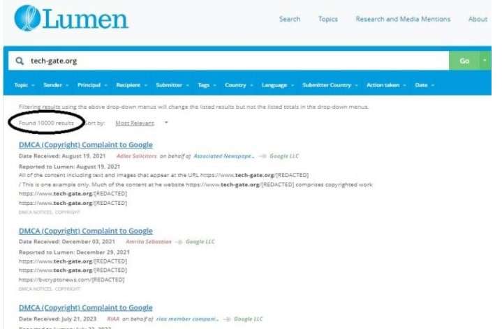Lumen Database - Tech-Gate.org 1000 + DCMA copyright takedowns 