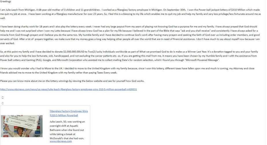 Julie Leach Scam - Nigerian Fraud Scheme