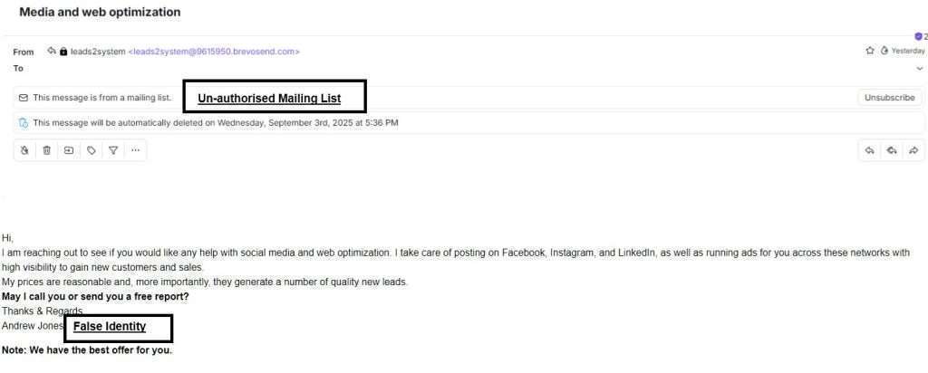 Brevo Spam Email - Un-authorized mailing list and false identity   