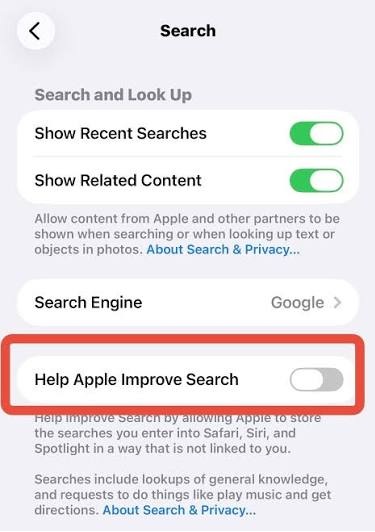 Disable - help apple improve search