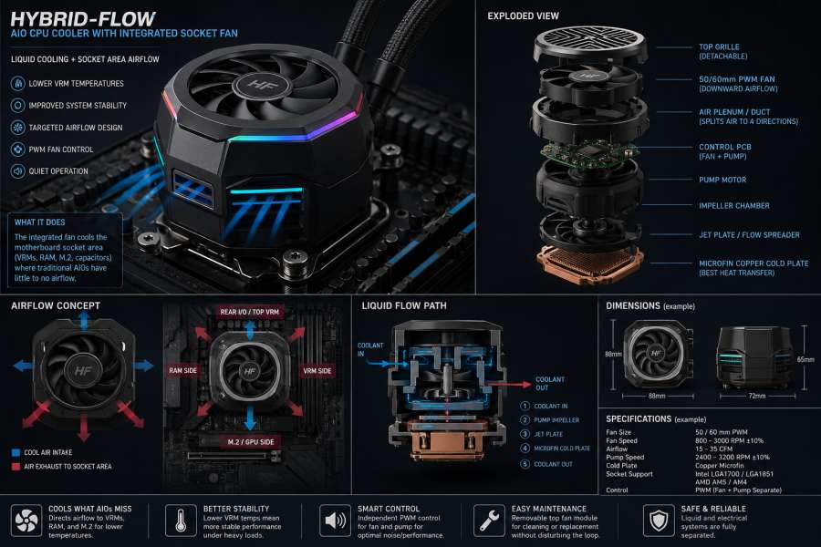 Hybrid AIO CPU Cooler - Air Water Cooler - Airflow Concept Schematic 