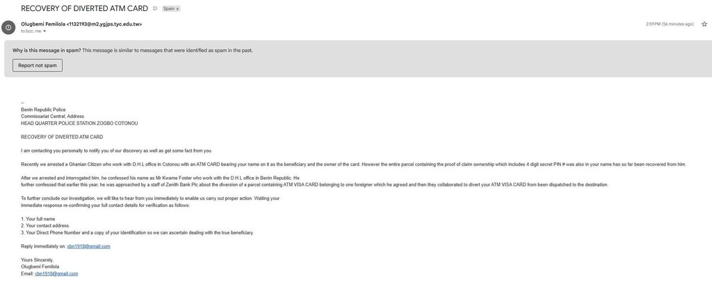 RECOVERY OF DIVERTED ATM CARD Email Scam