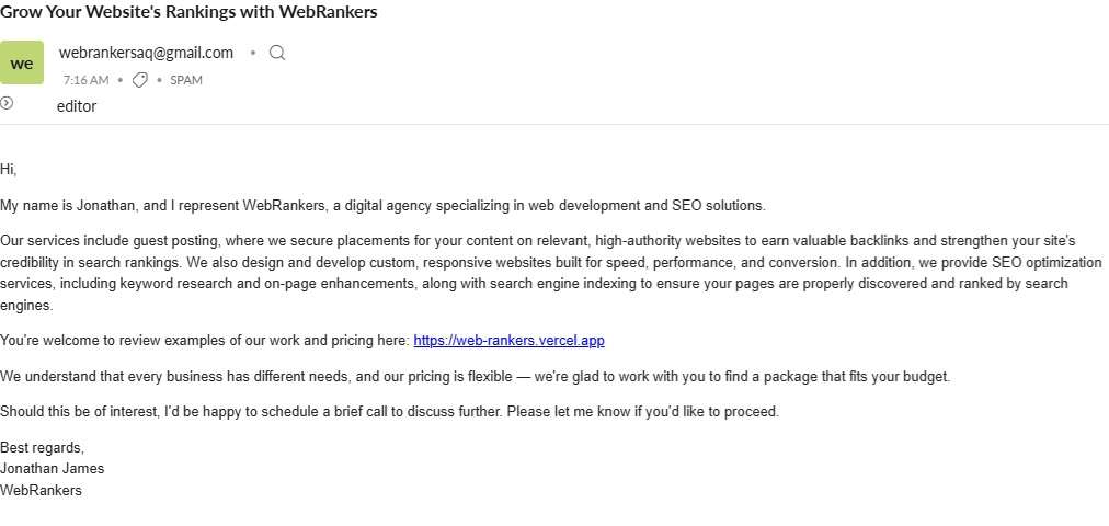 Web Development scam spam email